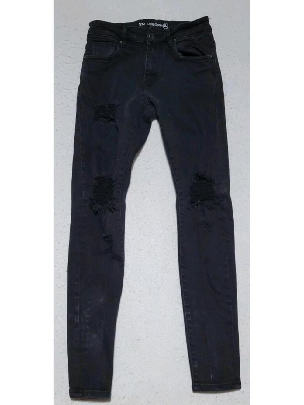 Crysp Denim Mens Size 29 Black Denim Skinny Stretch Distressed Jeans